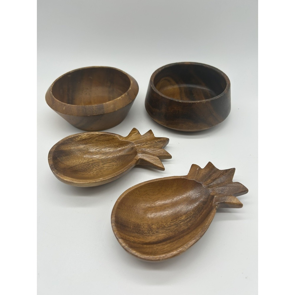 Tiki Party Bar Decor Aloha Vintage Set Of 4 Wood Pineapple Bowls Dish Monkey Pod